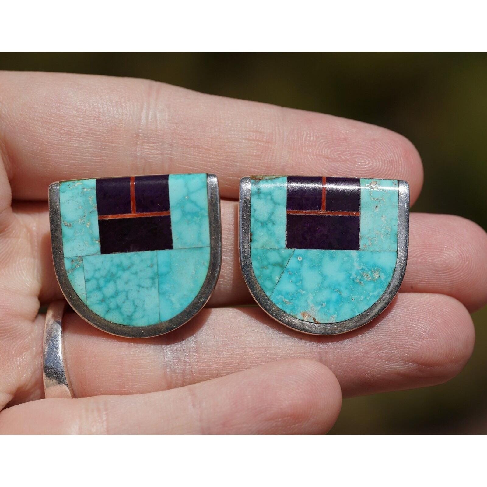 Jim Harrison Navajo Native Indian Sterling Inlay Turquoise Multi Stone Earrings